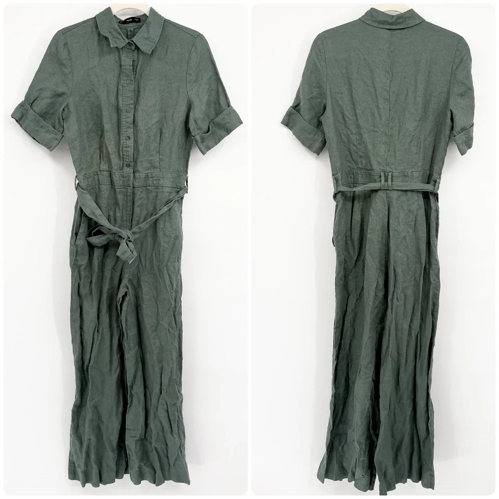 Mango Womens Green 100% Linen Natural Breathable Utility Wide Leg Jumpsuit M
